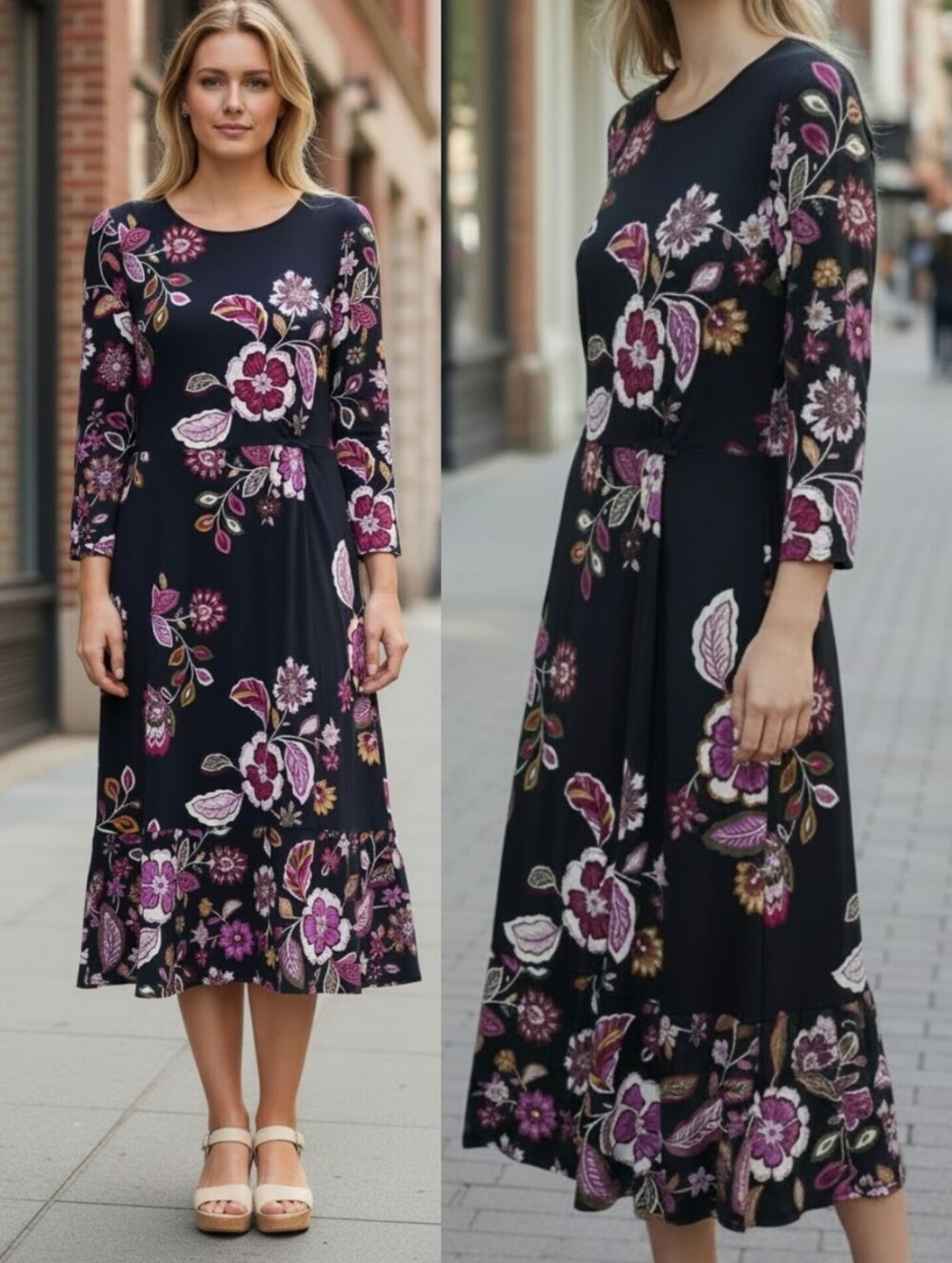 Talbots sz 8 ruched jersey midi dress black floral 3/4 sleeves stretch bohemian